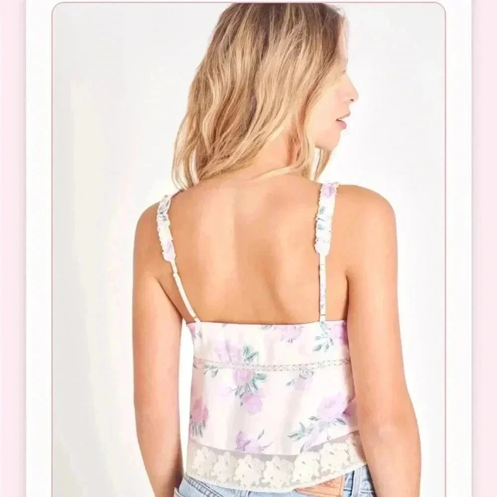 NWT Love Shack Fancy Lanzo Lace Trim Tank Top Mauve Rose L - Picture 3 of 8